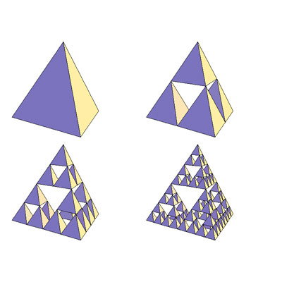 En la imagen puedes ver la cuatro primeras iteraciones del Tetraedro de Sierpinski