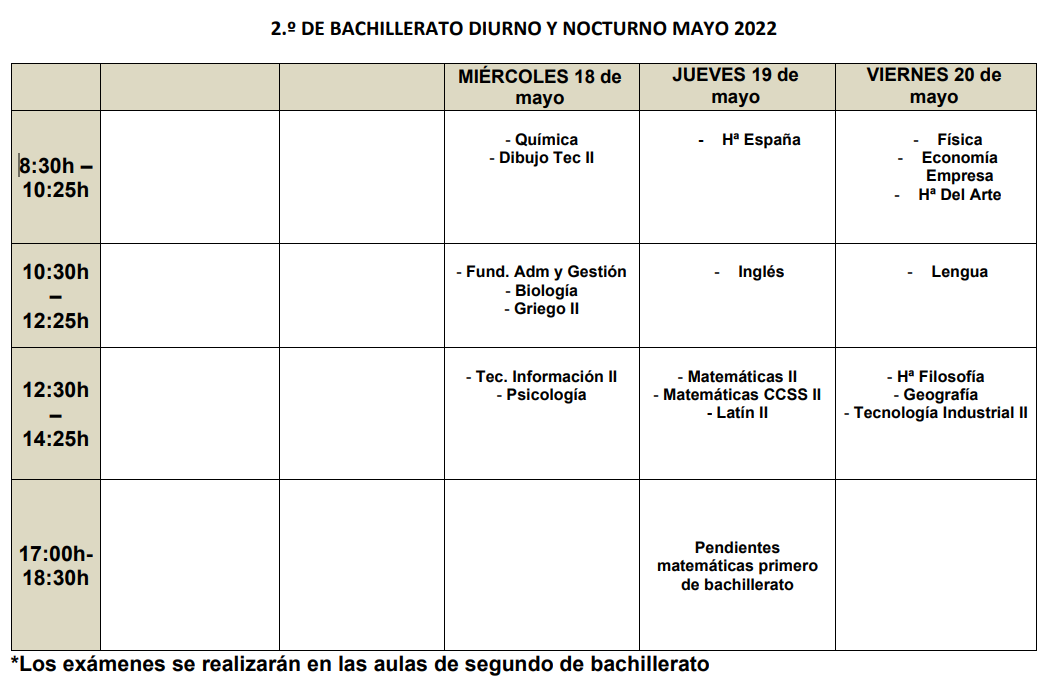 Calendario de exámenes finales de 2º de Bachillerato