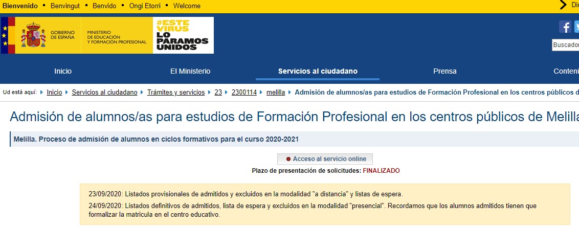 Admisión de alumnos/as para estudios de Formación Profesional en los centros públicos de Melilla